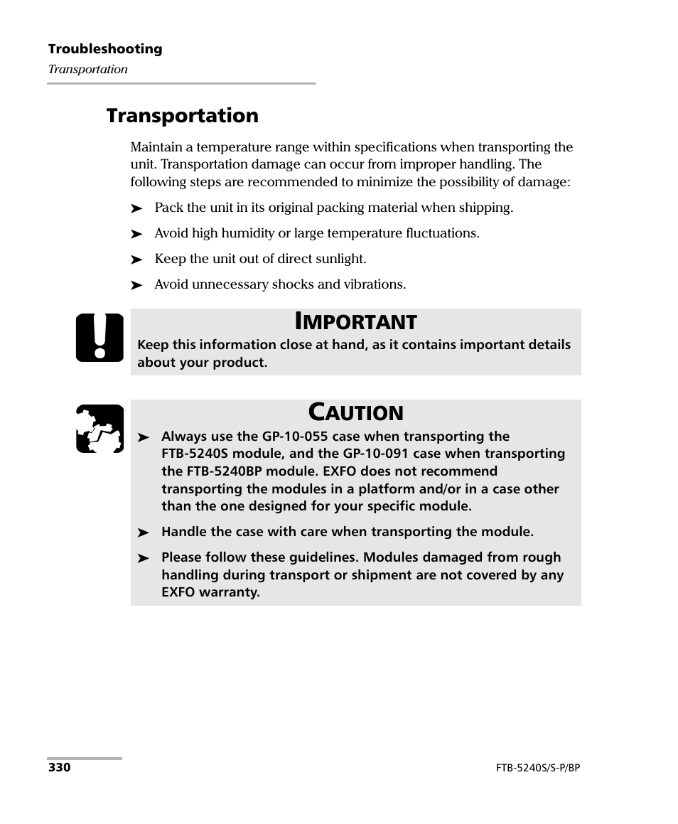 Transportation, Mportant, Aution | EXFO FTB -5240S/5240BP Optical Spectrum Analyzer User Manual | Page 336 / 638