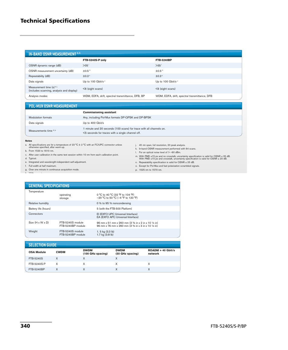 Technical specifications, Ftb-5240s/s-p/bp in-band osnr measurement, Pol-mux osnr measurement | General specifications, Selection guide | EXFO FTB -5240S/5240BP Optical Spectrum Analyzer User Manual | Page 346 / 638