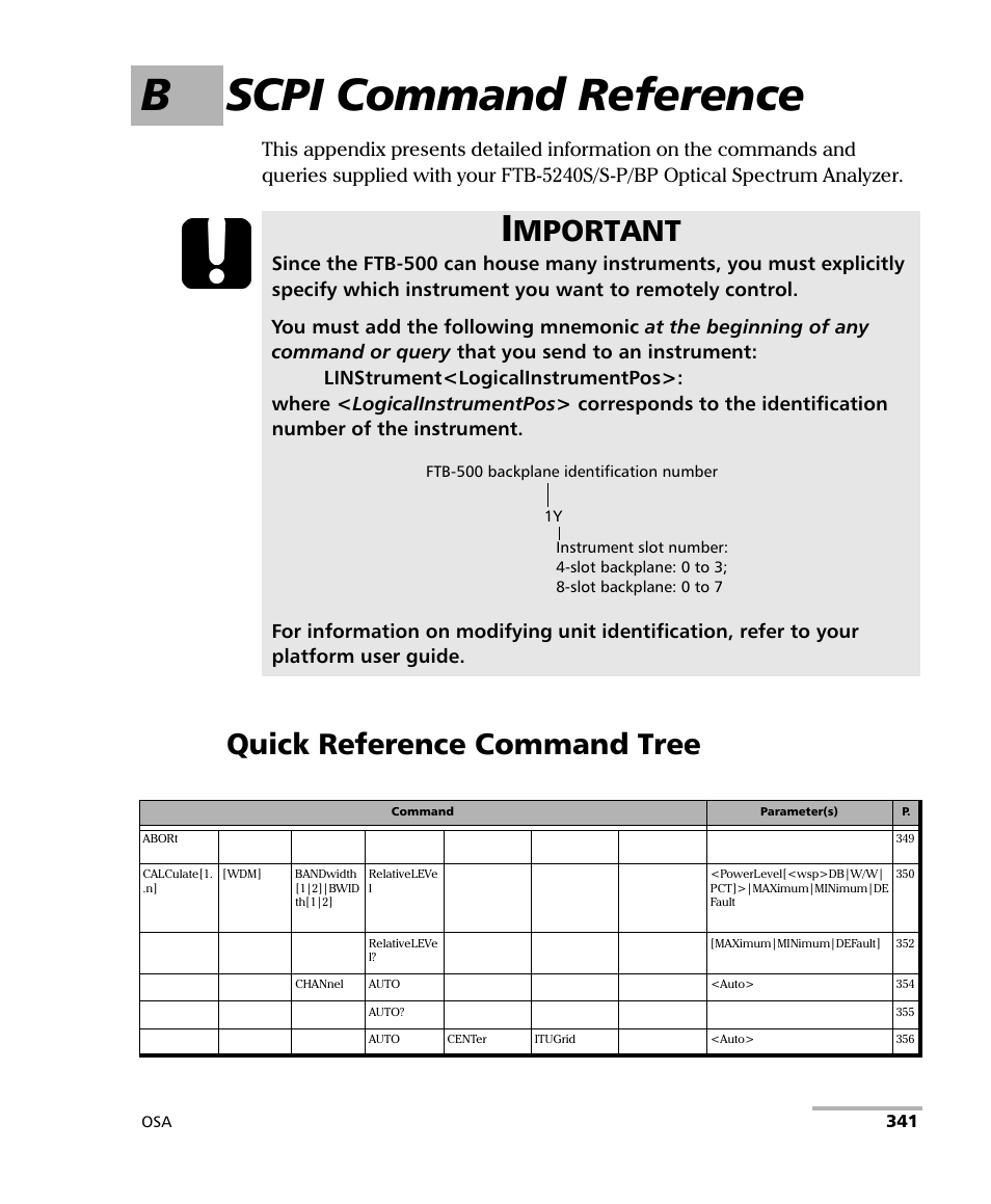 B scpi command reference, Quick reference command tree, Mportant | EXFO FTB -5240S/5240BP Optical Spectrum Analyzer User Manual | Page 347 / 638