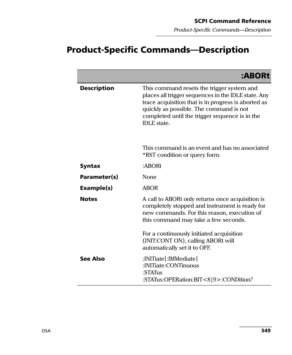 Product-specific commands—description, Abort | EXFO FTB -5240S/5240BP Optical Spectrum Analyzer User Manual | Page 355 / 638