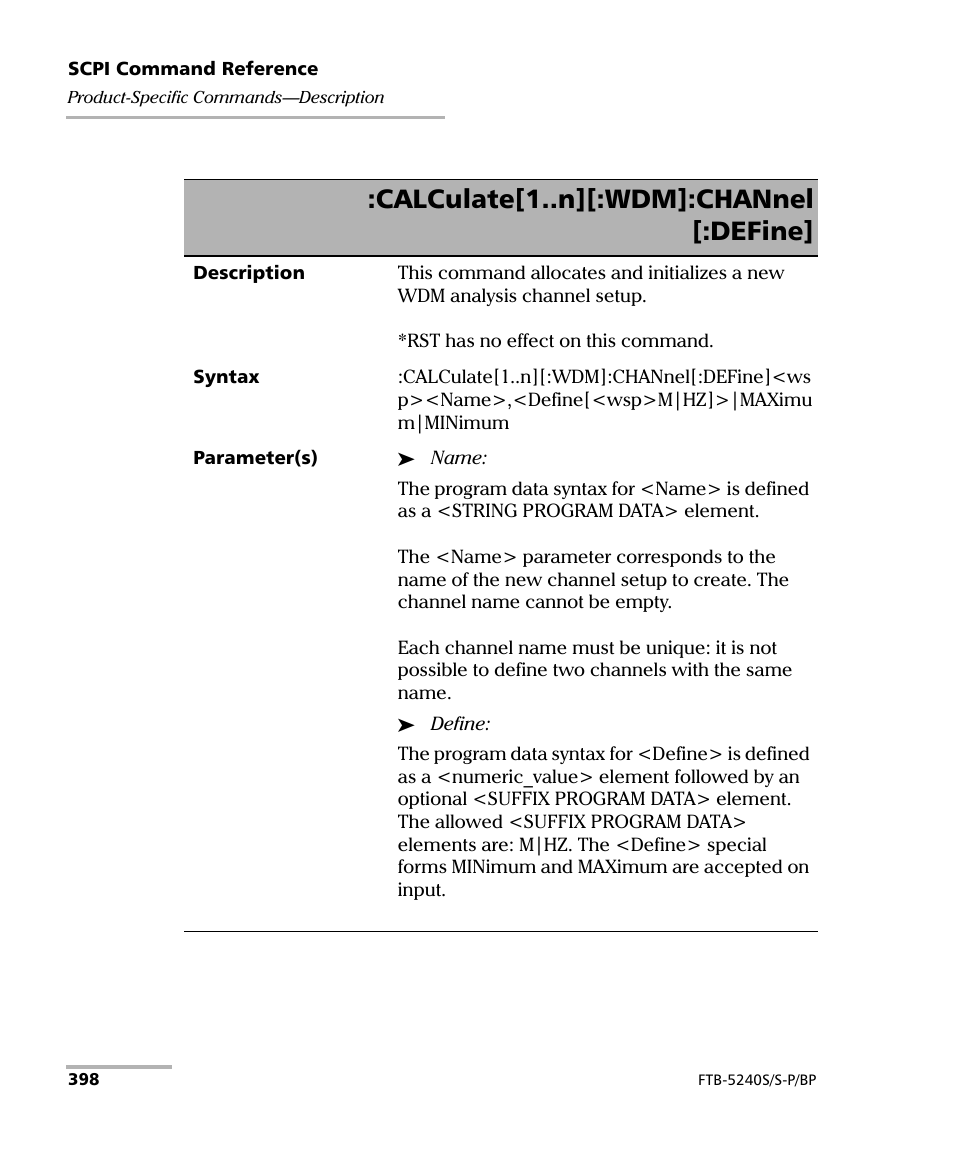 Calculate[1..n][:wdm]:channel [:define | EXFO FTB -5240S/5240BP Optical Spectrum Analyzer User Manual | Page 404 / 638