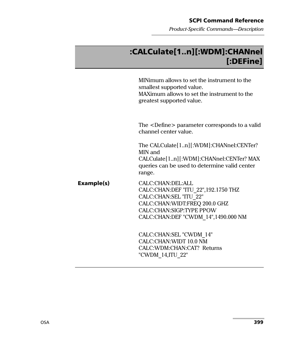 Calculate[1..n][:wdm]:channel [:define | EXFO FTB -5240S/5240BP Optical Spectrum Analyzer User Manual | Page 405 / 638