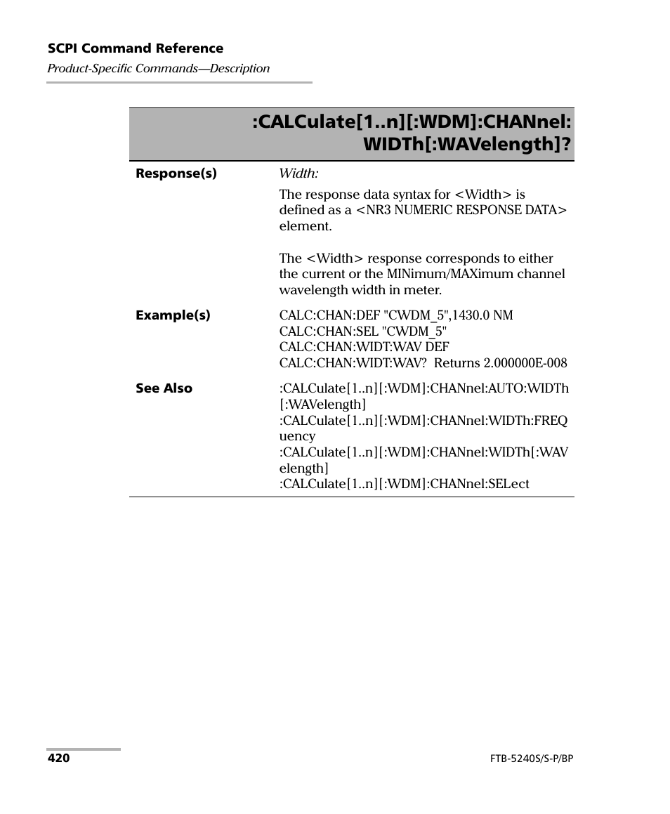 Calculate[1..n][:wdm]:channel: width[:wavelength | EXFO FTB -5240S/5240BP Optical Spectrum Analyzer User Manual | Page 426 / 638