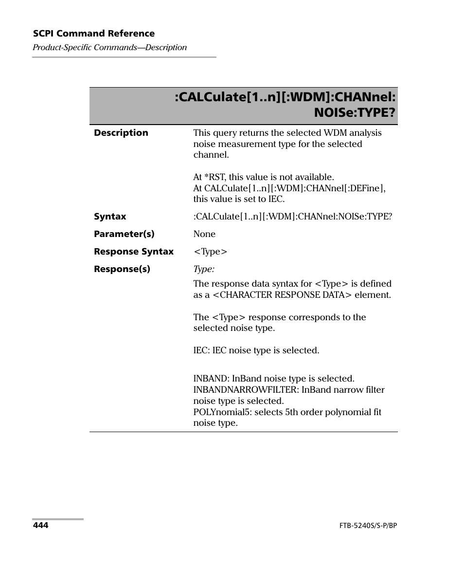 Calculate[1..n][:wdm]:channel: noise:type | EXFO FTB -5240S/5240BP Optical Spectrum Analyzer User Manual | Page 450 / 638