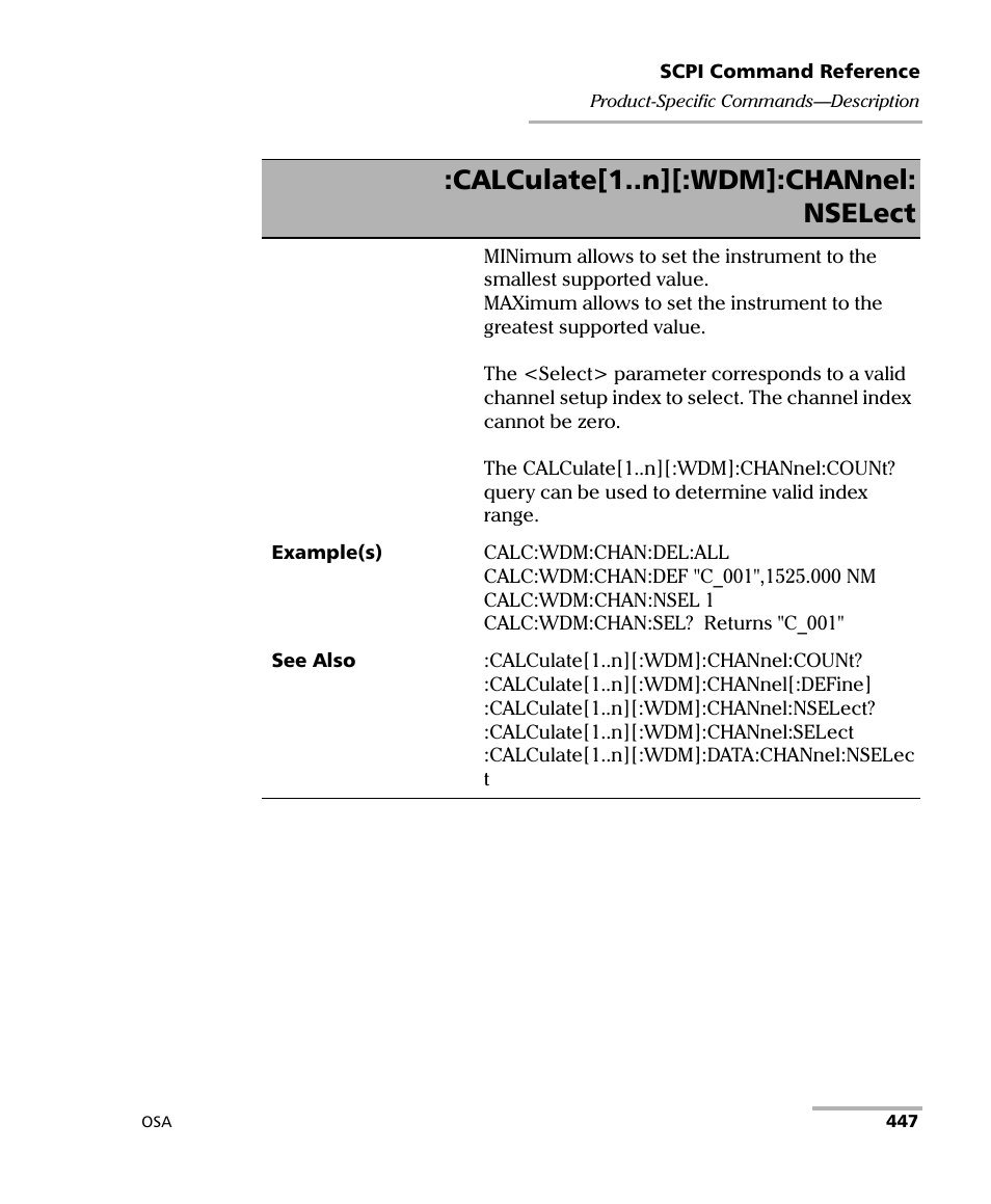 Calculate[1..n][:wdm]:channel: nselect | EXFO FTB -5240S/5240BP Optical Spectrum Analyzer User Manual | Page 453 / 638