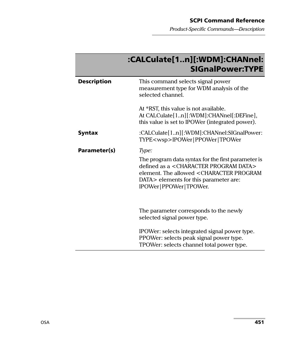 Calculate[1..n][:wdm]:channel: signalpower:type | EXFO FTB -5240S/5240BP Optical Spectrum Analyzer User Manual | Page 457 / 638
