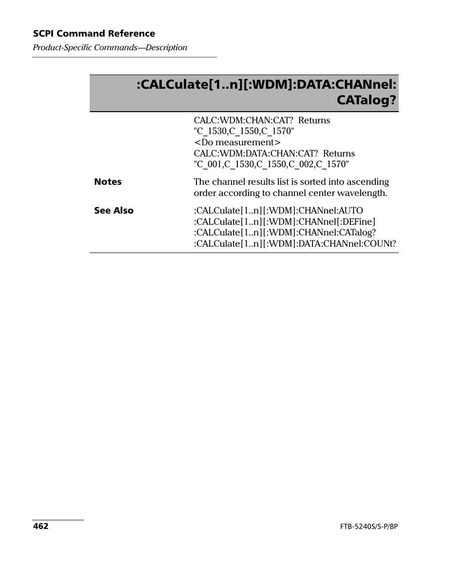 Calculate[1..n][:wdm]:data:channel: catalog | EXFO FTB -5240S/5240BP Optical Spectrum Analyzer User Manual | Page 468 / 638