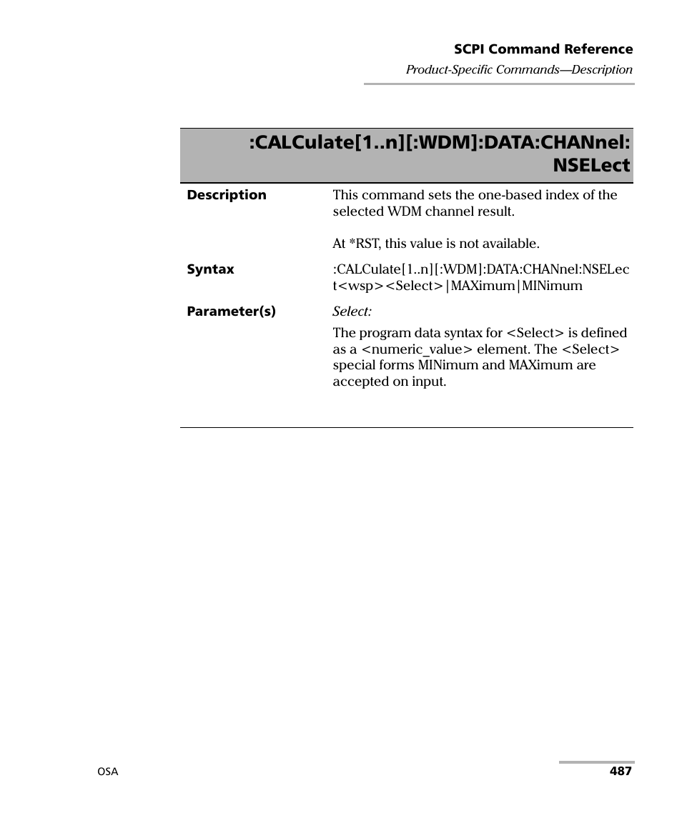Calculate[1..n][:wdm]:data:channel: nselect | EXFO FTB -5240S/5240BP Optical Spectrum Analyzer User Manual | Page 493 / 638
