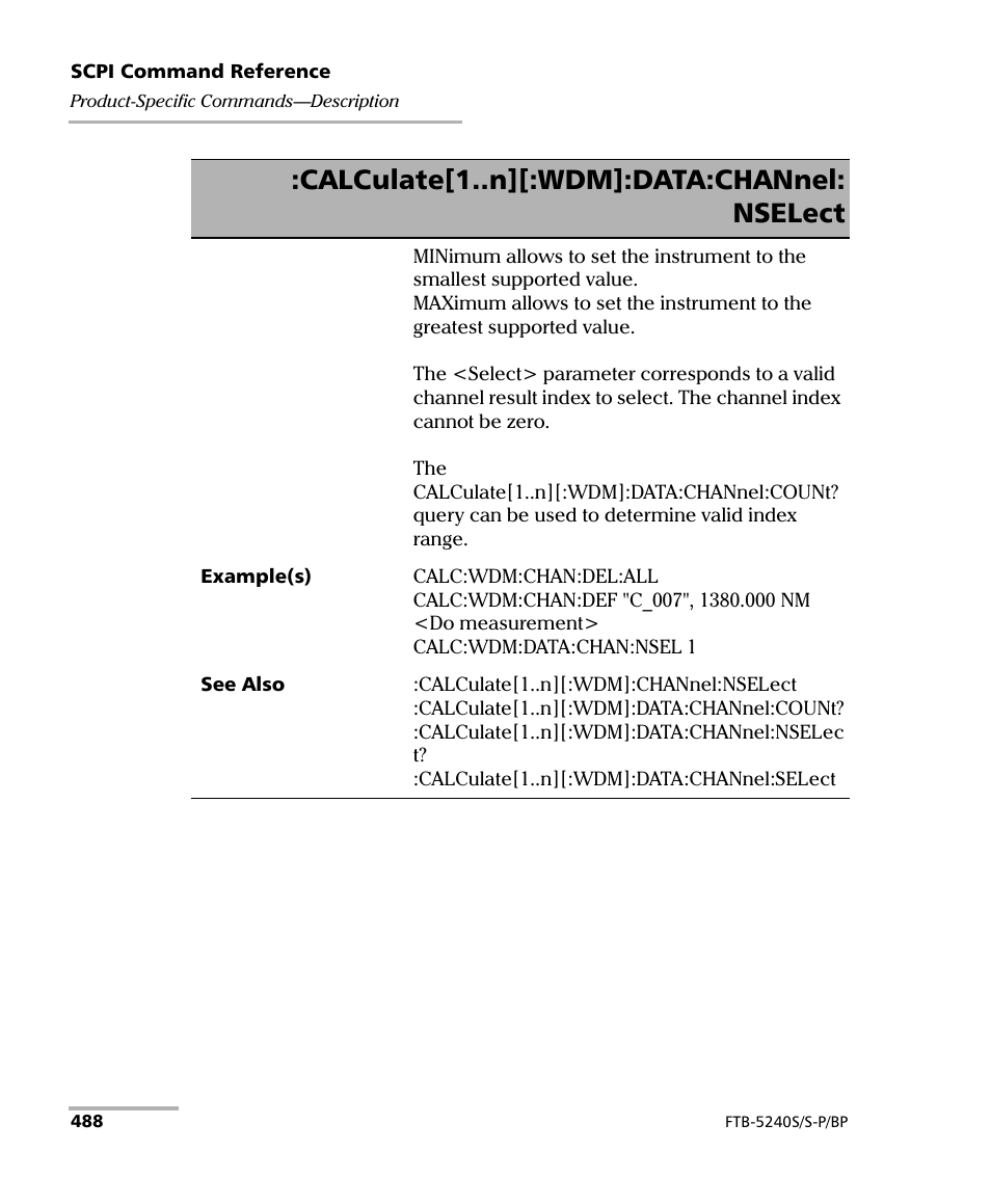 Calculate[1..n][:wdm]:data:channel: nselect | EXFO FTB -5240S/5240BP Optical Spectrum Analyzer User Manual | Page 494 / 638