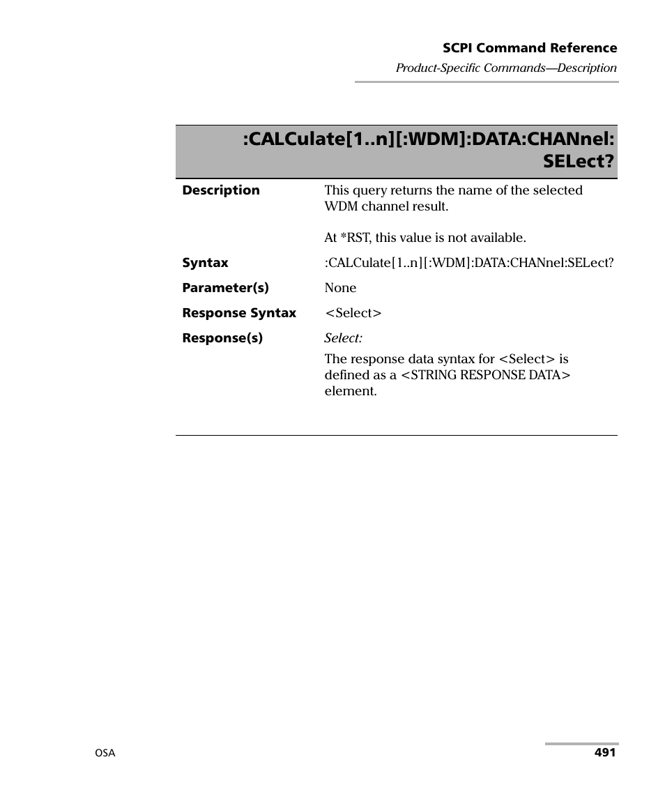 Calculate[1..n][:wdm]:data:channel: select | EXFO FTB -5240S/5240BP Optical Spectrum Analyzer User Manual | Page 497 / 638
