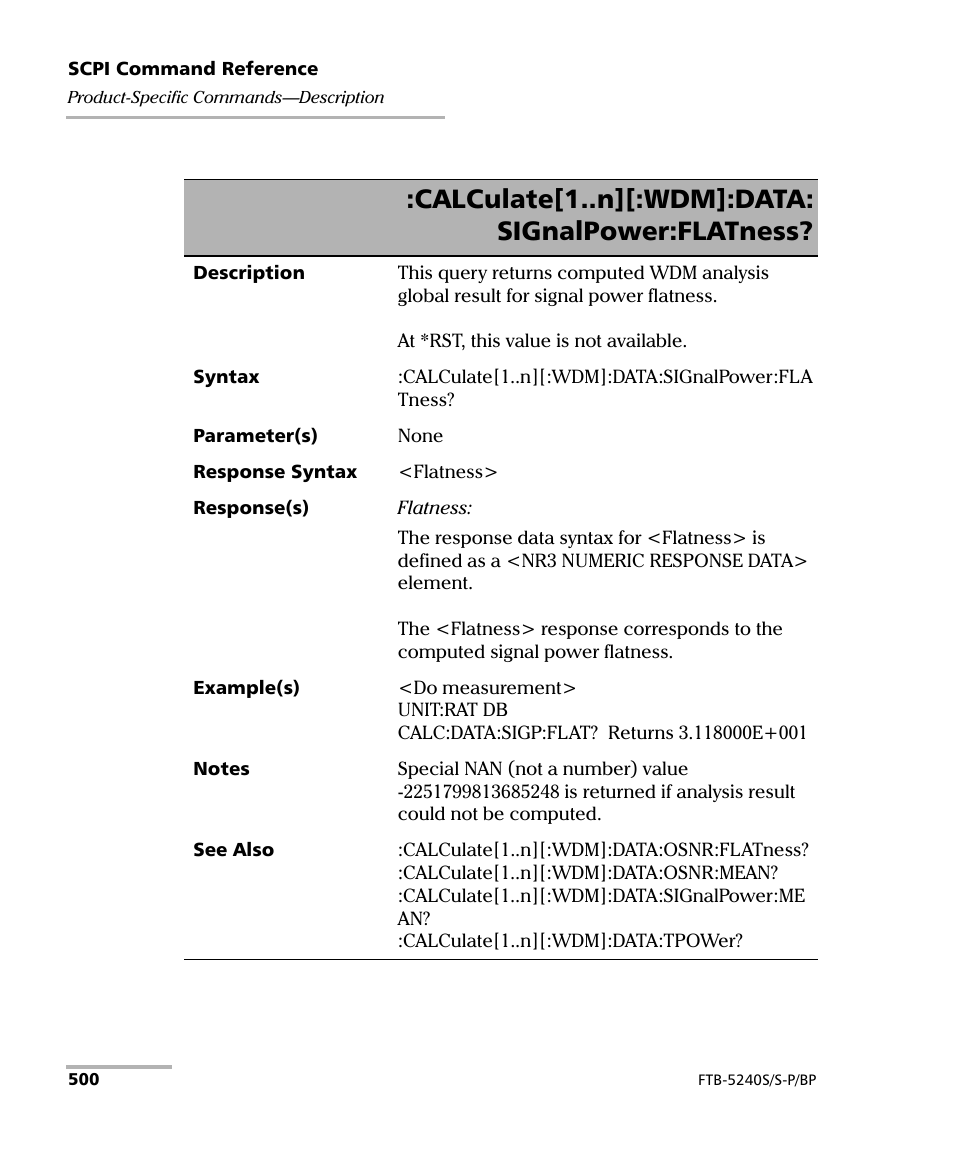 Calculate[1..n][:wdm]:data: signalpower:flatness | EXFO FTB -5240S/5240BP Optical Spectrum Analyzer User Manual | Page 506 / 638