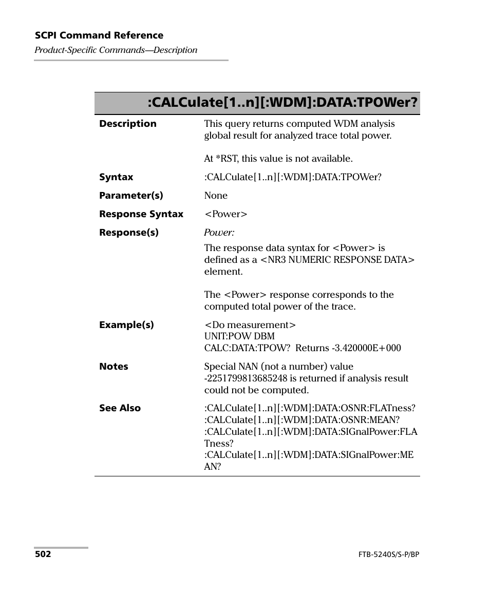 Calculate[1..n][:wdm]:data:tpower | EXFO FTB -5240S/5240BP Optical Spectrum Analyzer User Manual | Page 508 / 638