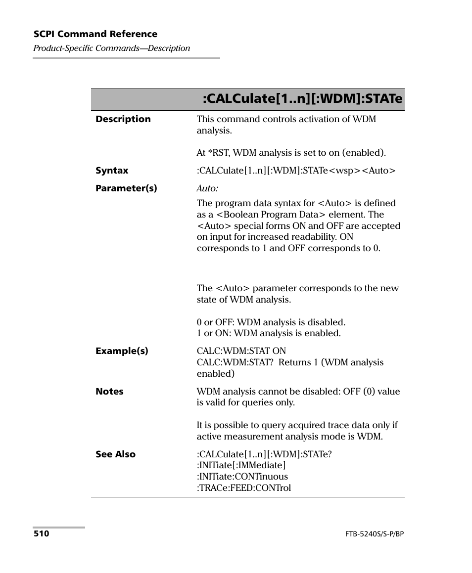 Calculate[1..n][:wdm]:state | EXFO FTB -5240S/5240BP Optical Spectrum Analyzer User Manual | Page 516 / 638