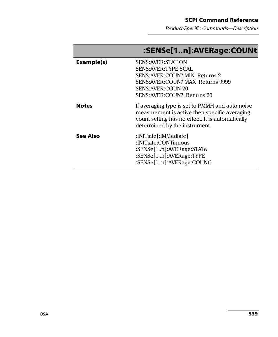 Sense[1..n]:average:count | EXFO FTB -5240S/5240BP Optical Spectrum Analyzer User Manual | Page 545 / 638