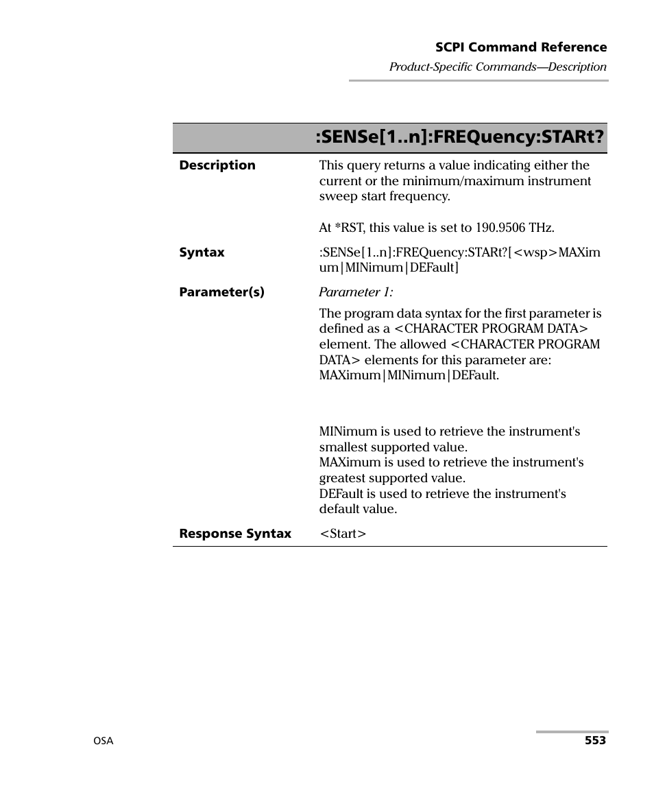 Sense[1..n]:frequency:start | EXFO FTB -5240S/5240BP Optical Spectrum Analyzer User Manual | Page 559 / 638