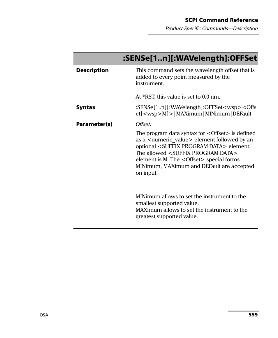 Sense[1..n][:wavelength]:offset | EXFO FTB -5240S/5240BP Optical Spectrum Analyzer User Manual | Page 565 / 638
