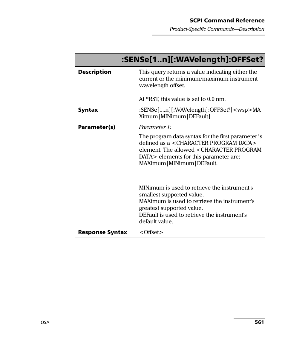 Sense[1..n][:wavelength]:offset | EXFO FTB -5240S/5240BP Optical Spectrum Analyzer User Manual | Page 567 / 638