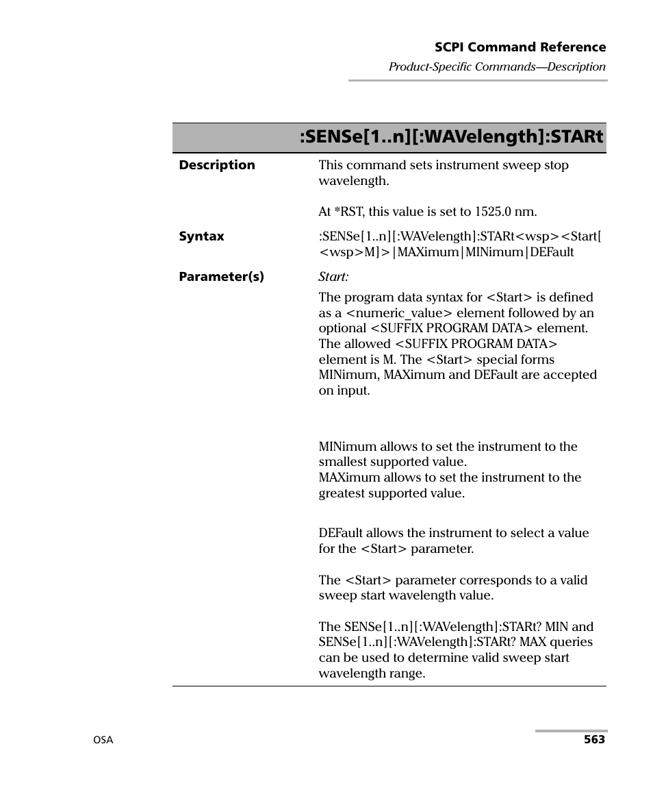 Sense[1..n][:wavelength]:start | EXFO FTB -5240S/5240BP Optical Spectrum Analyzer User Manual | Page 569 / 638