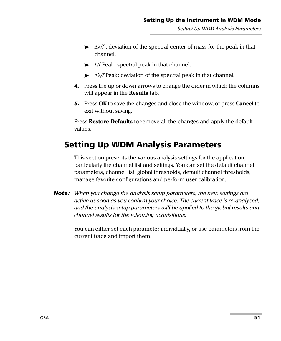 Setting up wdm analysis parameters | EXFO FTB -5240S/5240BP Optical Spectrum Analyzer User Manual | Page 57 / 638