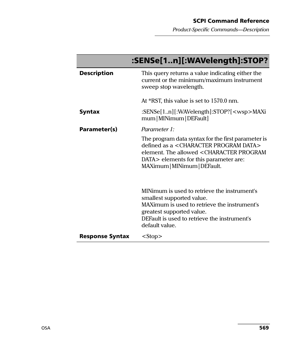 Sense[1..n][:wavelength]:stop | EXFO FTB -5240S/5240BP Optical Spectrum Analyzer User Manual | Page 575 / 638