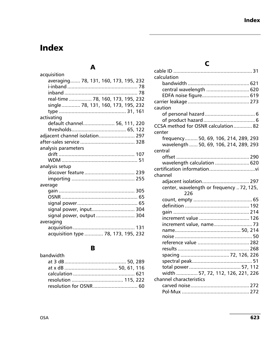 Index | EXFO FTB -5240S/5240BP Optical Spectrum Analyzer User Manual | Page 629 / 638
