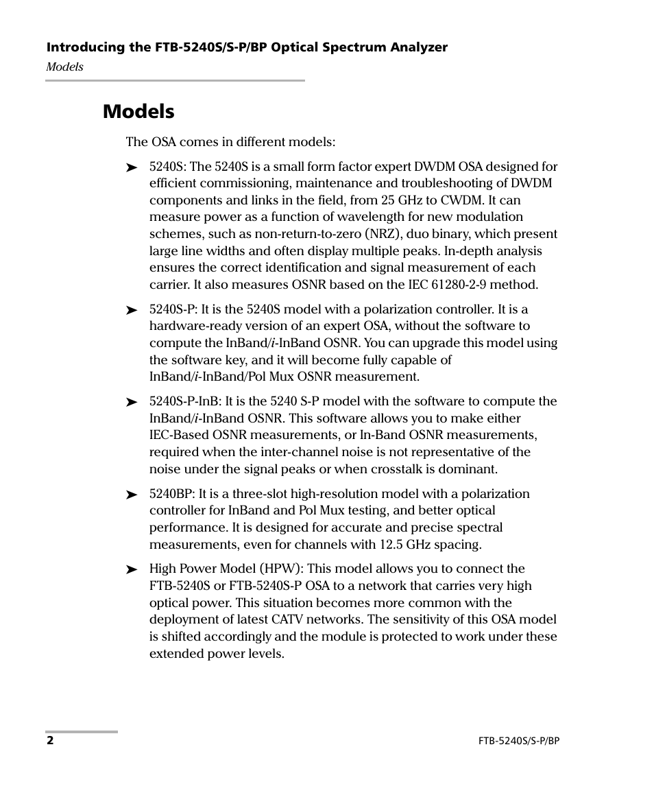 Models | EXFO FTB -5240S/5240BP Optical Spectrum Analyzer User Manual | Page 8 / 638