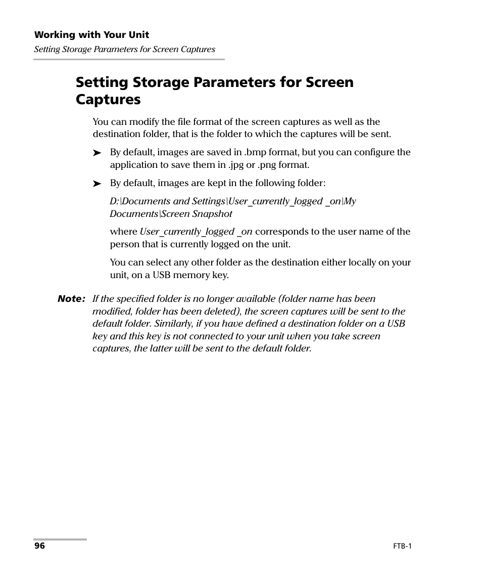 Setting storage parameters for screen captures | EXFO FTB-1 User Manual | Page 106 / 234