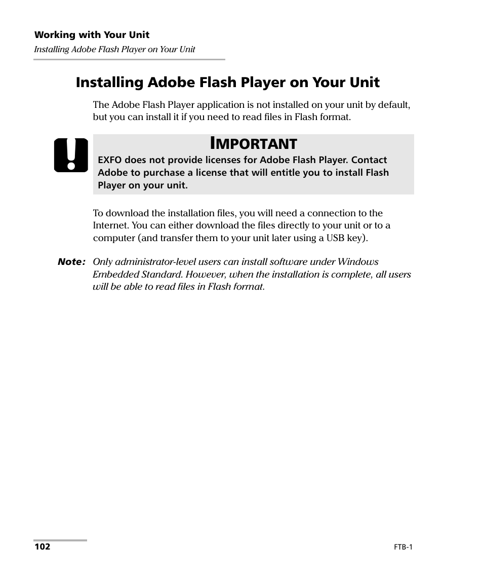 Installing adobe flash player on your unit, Mportant | EXFO FTB-1 User Manual | Page 112 / 234