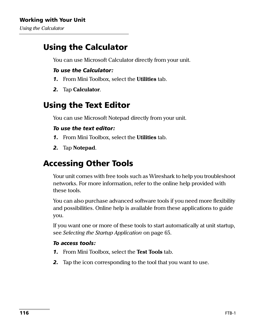 Using the calculator, Using the text editor, Accessing other tools | EXFO FTB-1 User Manual | Page 126 / 234