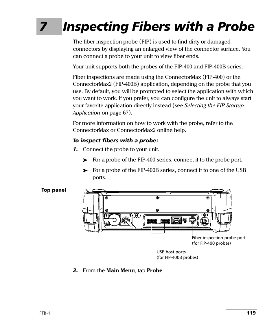 7 inspecting fibers with a probe, 7inspecting fibers with a probe | EXFO FTB-1 User Manual | Page 129 / 234