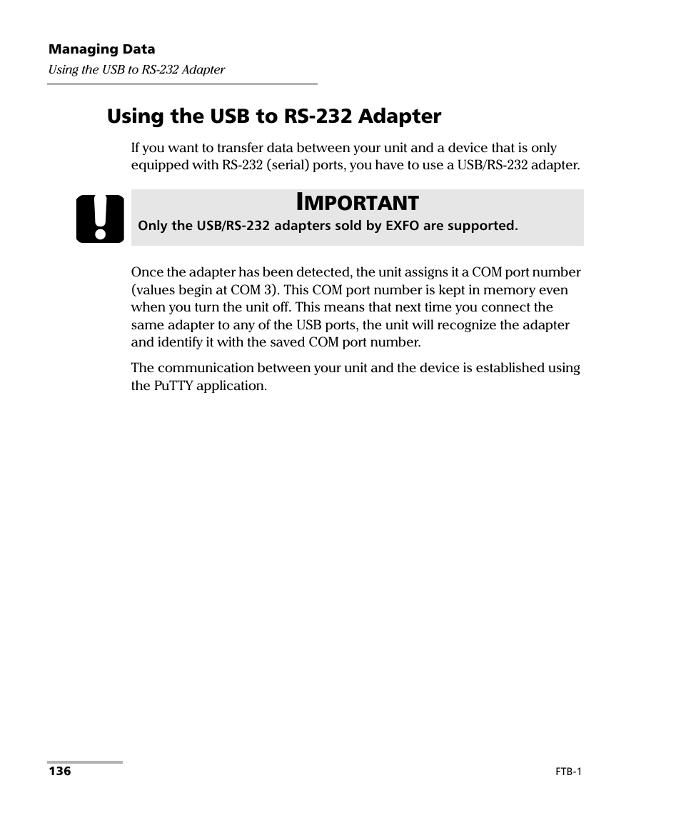 Using the usb to rs-232 adapter, Mportant | EXFO FTB-1 User Manual | Page 146 / 234