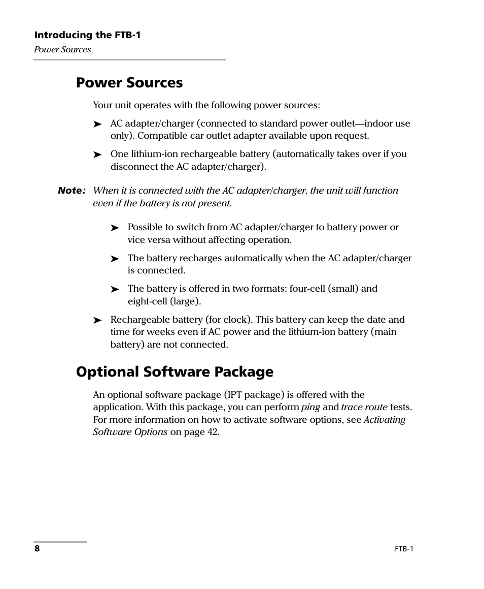 Power sources, Optional software package, Power sources optional software package | EXFO FTB-1 User Manual | Page 18 / 234