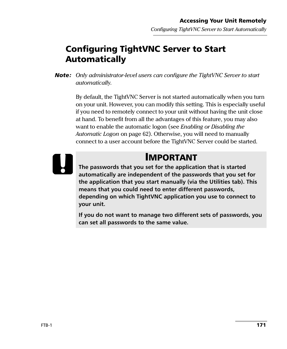 Configuring tightvnc server to start automatically, Mportant | EXFO FTB-1 User Manual | Page 181 / 234