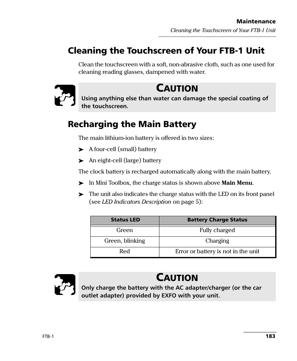 Cleaning the touchscreen of your ftb-1 unit, Recharging the main battery, Aution | EXFO FTB-1 User Manual | Page 193 / 234