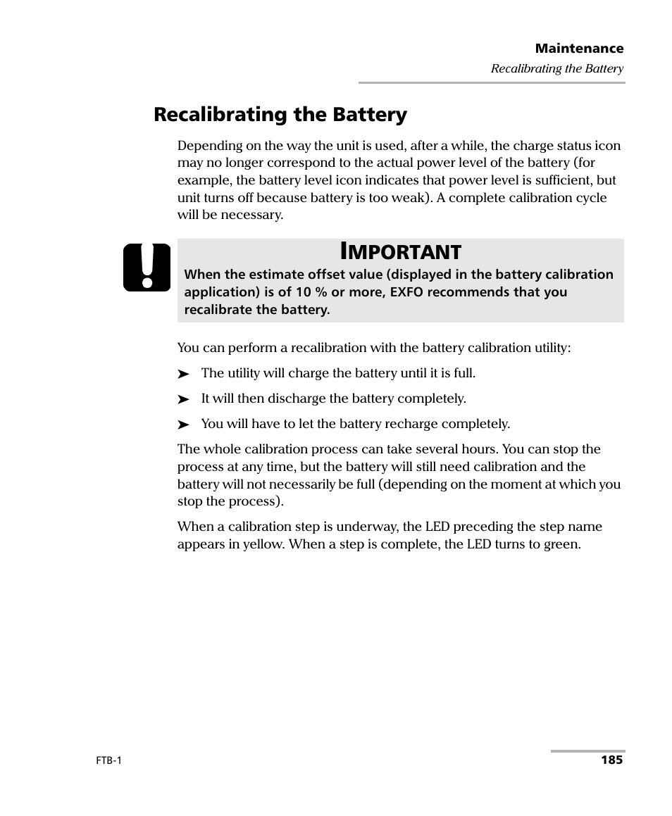 Recalibrating the battery, Mportant | EXFO FTB-1 User Manual | Page 195 / 234