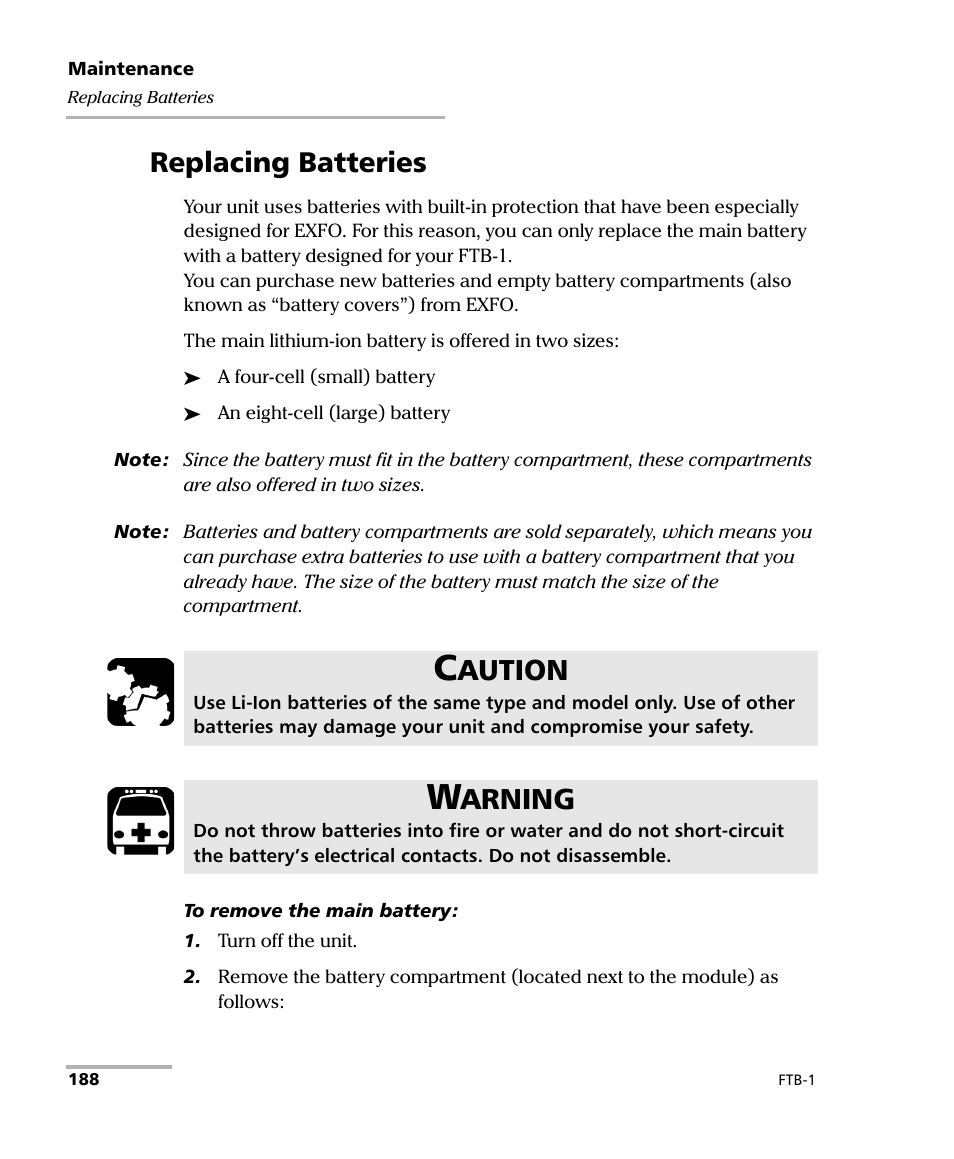 Replacing batteries, Aution, Arning | EXFO FTB-1 User Manual | Page 198 / 234