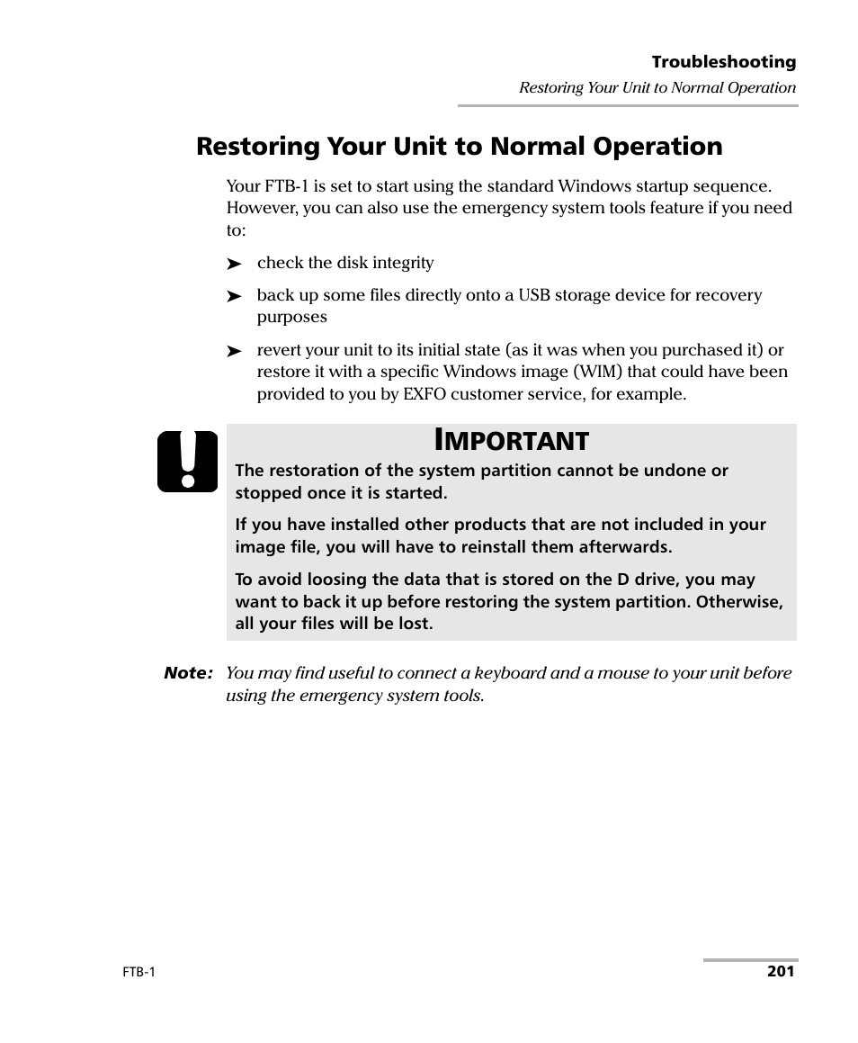 Restoring your unit to normal operation, Mportant | EXFO FTB-1 User Manual | Page 211 / 234