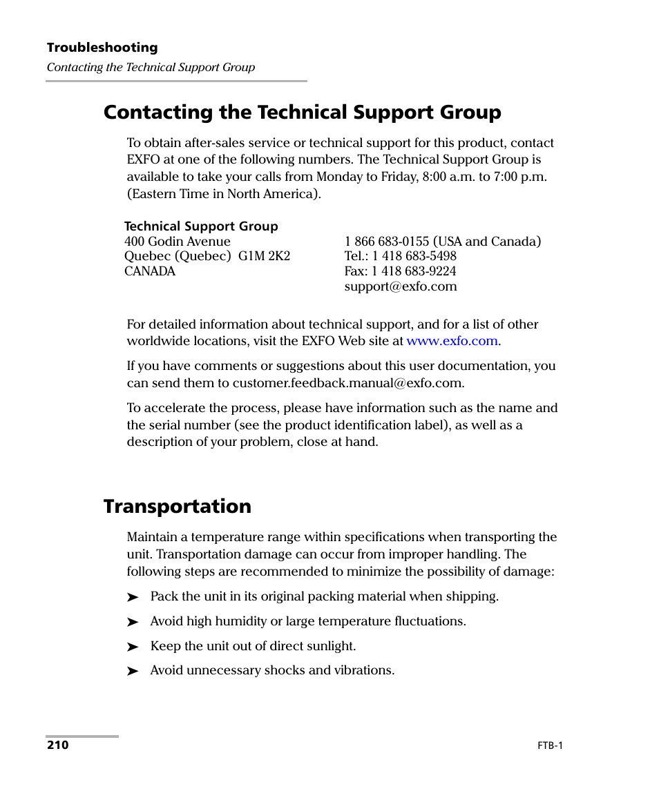 Contacting the technical support group, Transportation | EXFO FTB-1 User Manual | Page 220 / 234