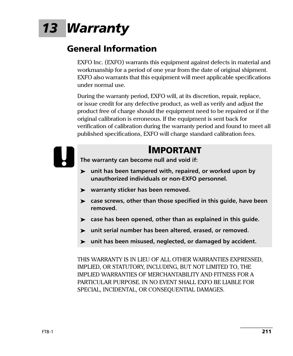 13 warranty, General information, Mportant | EXFO FTB-1 User Manual | Page 221 / 234