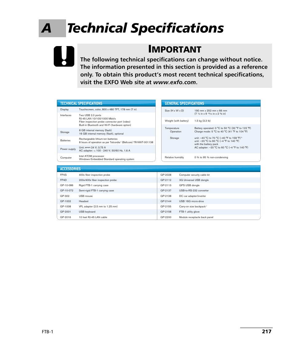 A technical specifications, Mportant, Ftb-1 | Technical specifications, General specifications, Accessories | EXFO FTB-1 User Manual | Page 227 / 234
