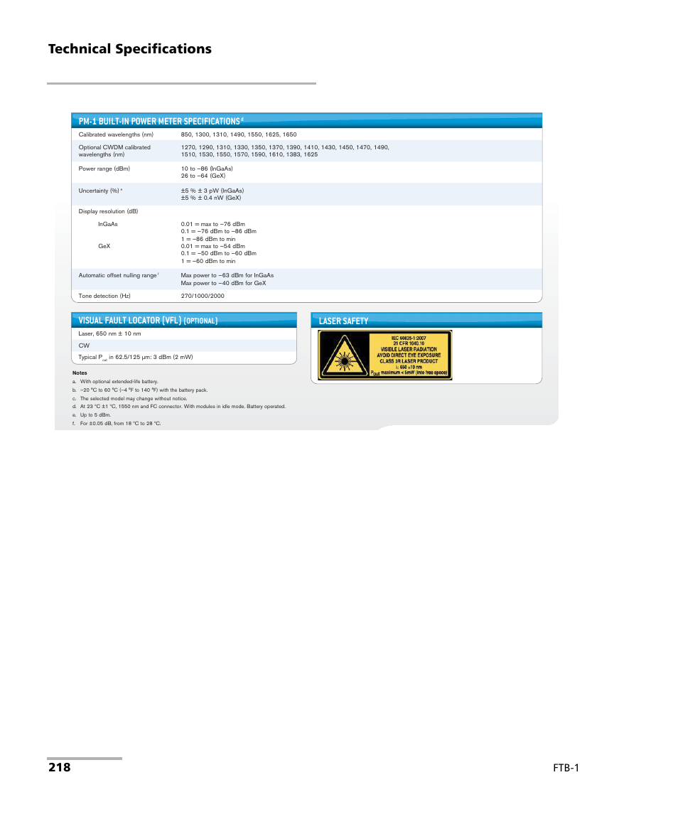 Technical specifications, Ftb-1, Visual fault locator (vfl) | Pm-1 built-in power meter specifications, Laser safety | EXFO FTB-1 User Manual | Page 228 / 234