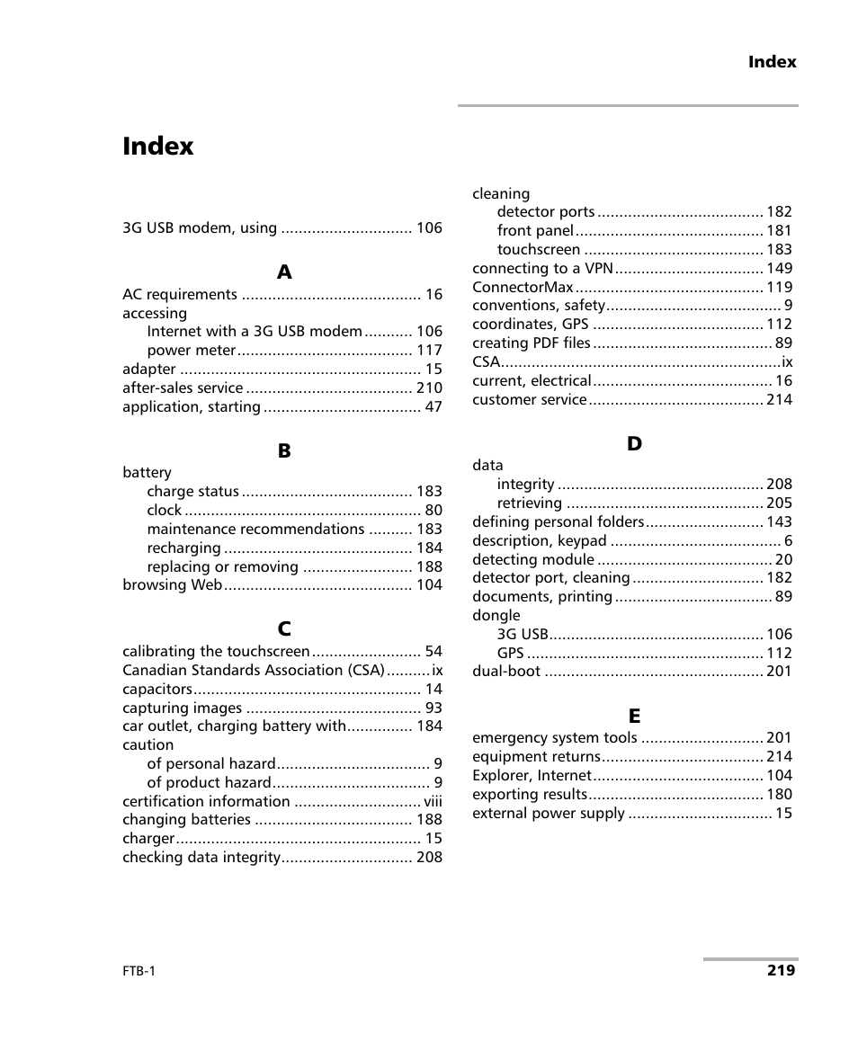 Index | EXFO FTB-1 User Manual | Page 229 / 234
