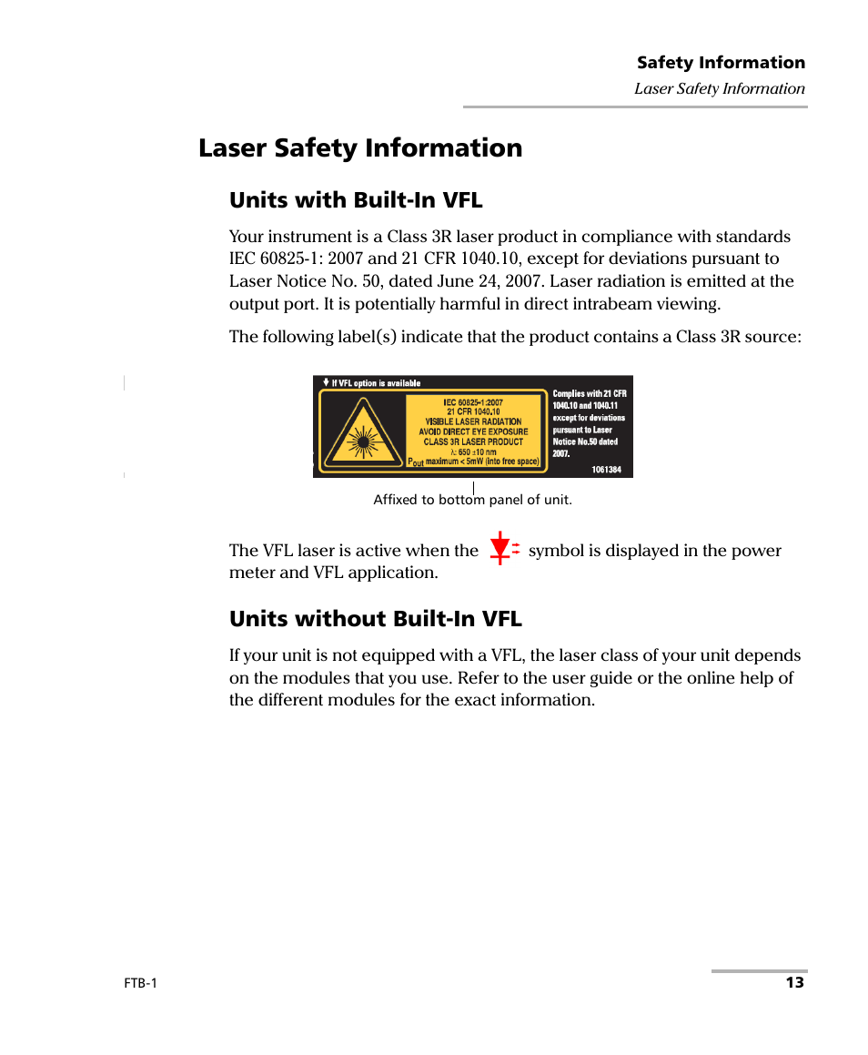 Laser safety information, Units with built-in vfl, Units without built-in vfl | EXFO FTB-1 User Manual | Page 23 / 234