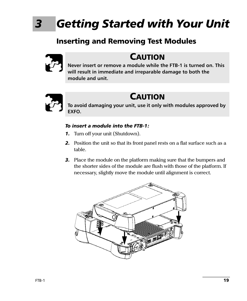 3 getting started with your unit, Inserting and removing test modules, 3getting started with your unit | EXFO FTB-1 User Manual | Page 29 / 234