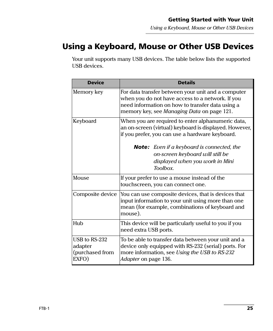 Using a keyboard, mouse or other usb devices | EXFO FTB-1 User Manual | Page 35 / 234