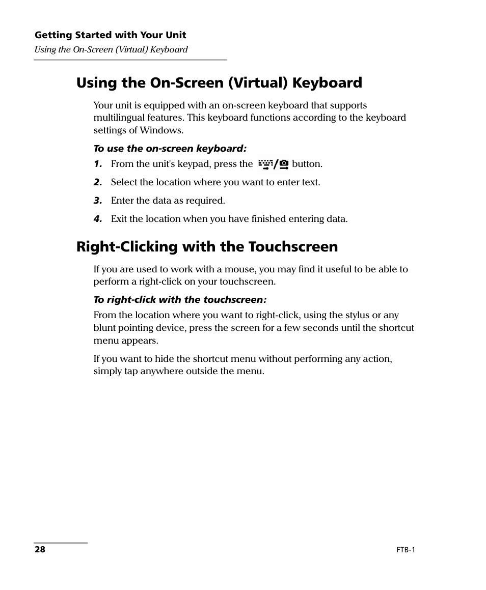Using the on-screen (virtual) keyboard, Right-clicking with the touchscreen | EXFO FTB-1 User Manual | Page 38 / 234