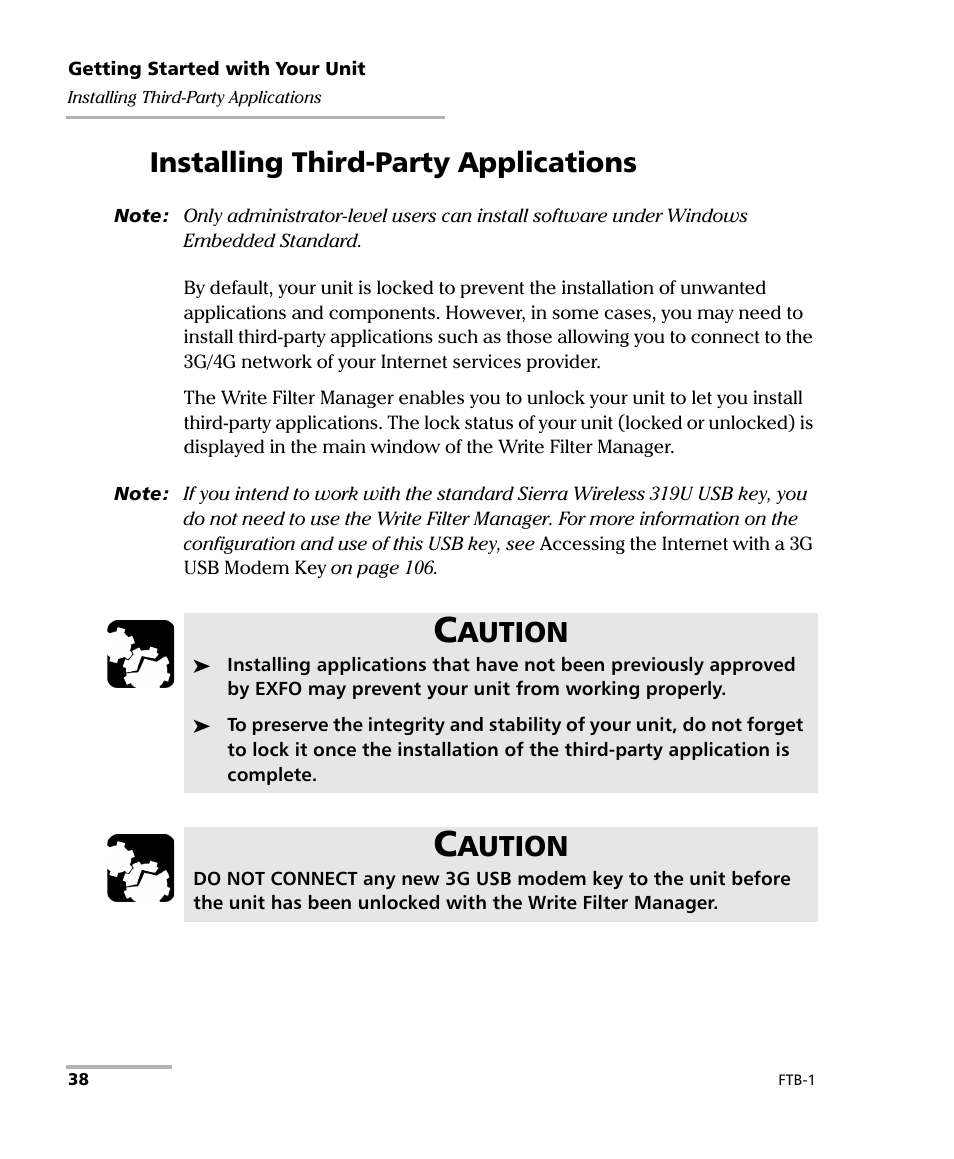 Installing third-party applications, Aution | EXFO FTB-1 User Manual | Page 48 / 234