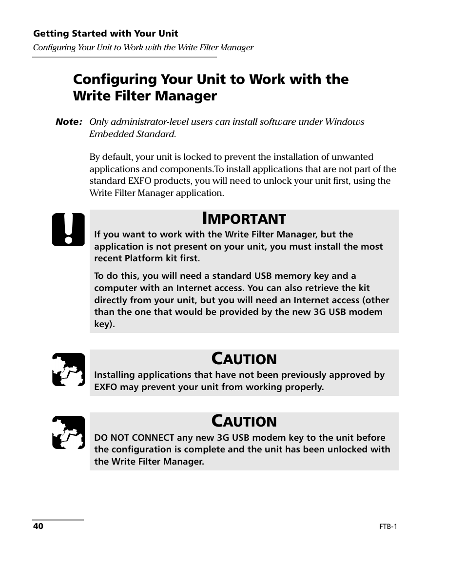 Configuring your unit to work with the, Write filter manager, Mportant | Aution | EXFO FTB-1 User Manual | Page 50 / 234