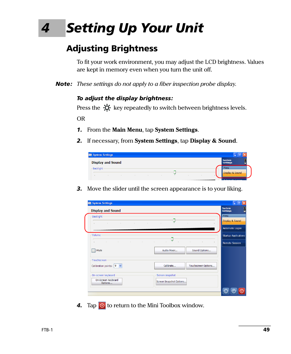 4 setting up your unit, Adjusting brightness, 4setting up your unit | EXFO FTB-1 User Manual | Page 59 / 234