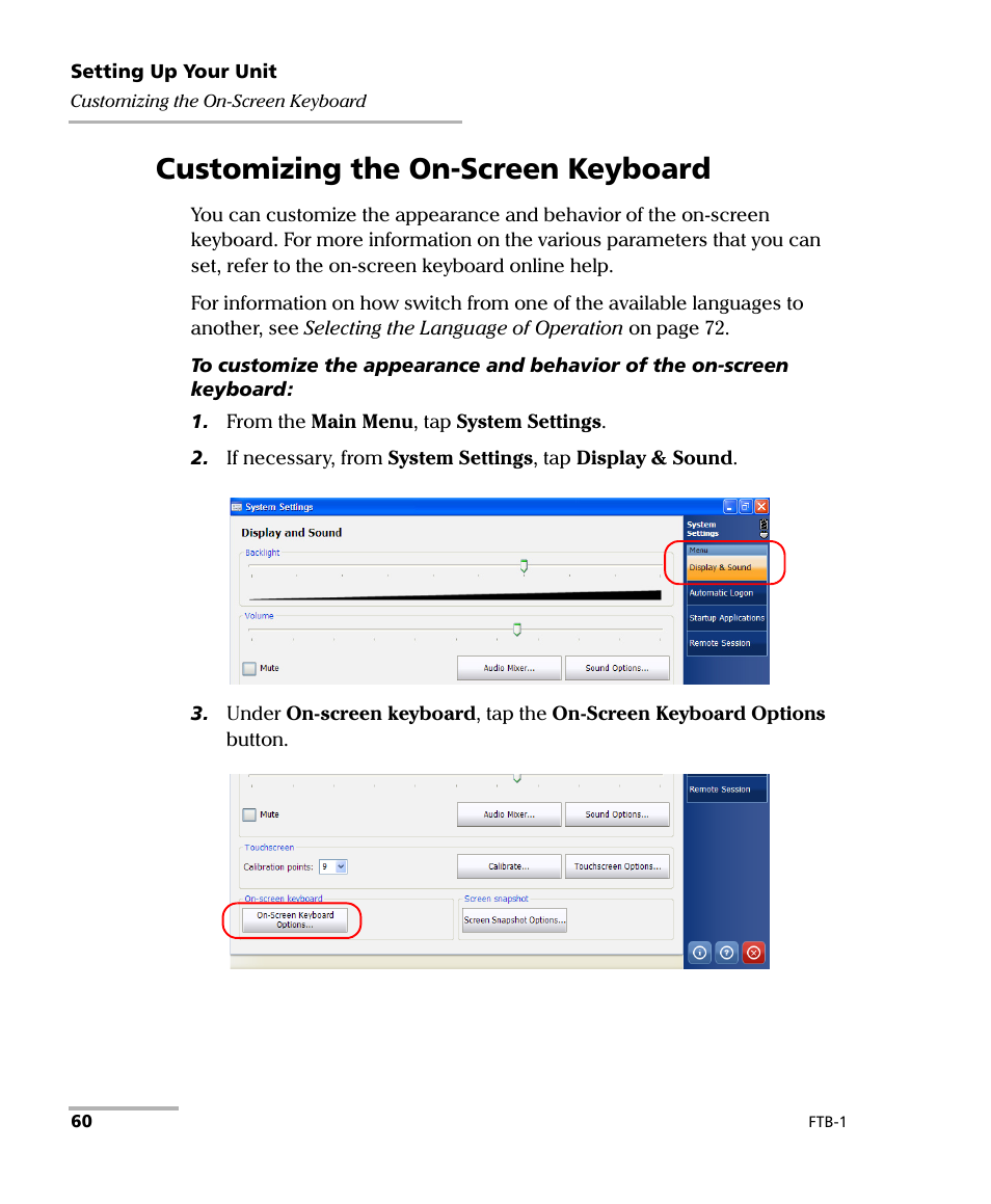 Customizing the on-screen keyboard | EXFO FTB-1 User Manual | Page 70 / 234